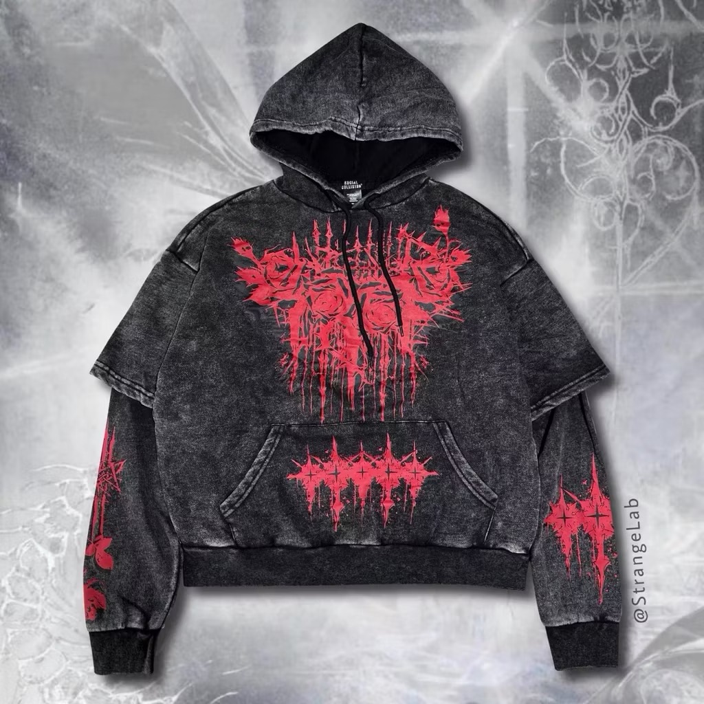【Eternity】朋克亞比血色噴漆做舊復古玫瑰 次文化朋克小眾嘻哈街頭假兩件印花連帽上衣 帽踢口袋水洗上衣