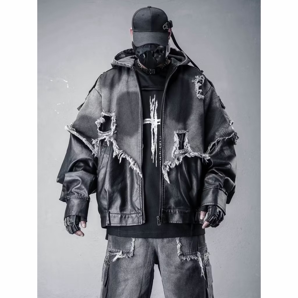 【Eternity】廢土風做舊毛邊拼接皮革PU牛仔夾克重工機能不規則設計感街頭龐克嘻哈連帽外套