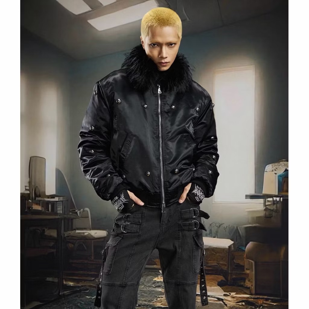 【Eternity】龐克暗黑小眾y2k次文化可拆毛領 羽絨毛邊短棉衣外套 棒球外套外套