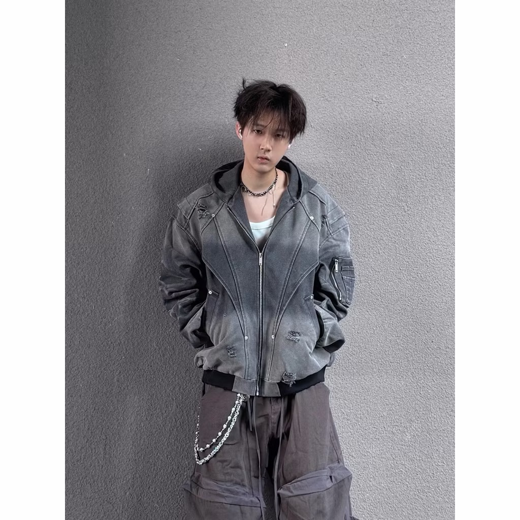【Eternity】龐克美式復古解構水洗工裝連帽麂皮外套 嘻哈釘子鉚釘街頭機車短版寬鬆外套