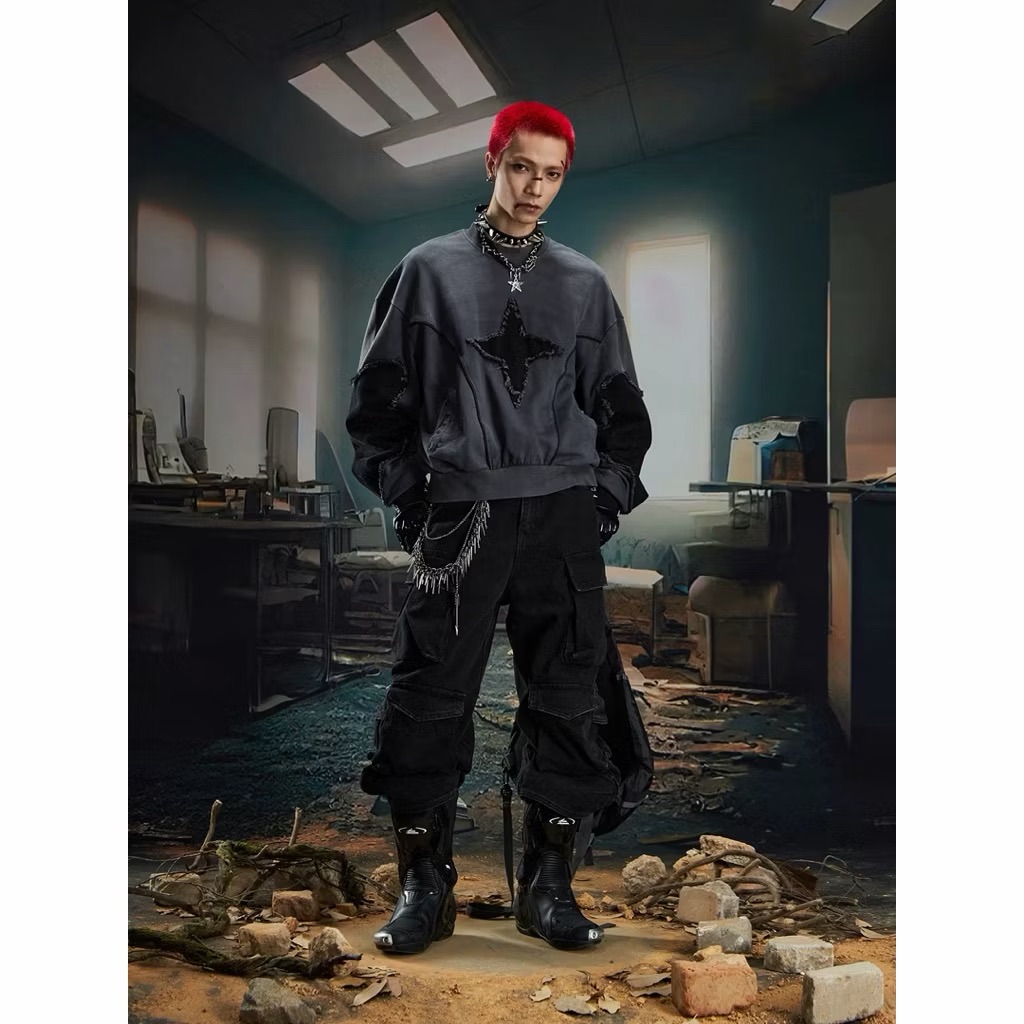 【Eternity】龐克十字架刷破原創 設計感假兩件毛邊做舊小眾解構拼接星芒寬鬆圓領棉T卹 大學T 情侶衣