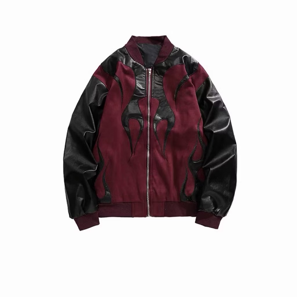 【Eternity】朋克暗黑風撞色拼接拼皮外套 復古美式棒球服街頭嘻哈設計感火焰外套 上衣