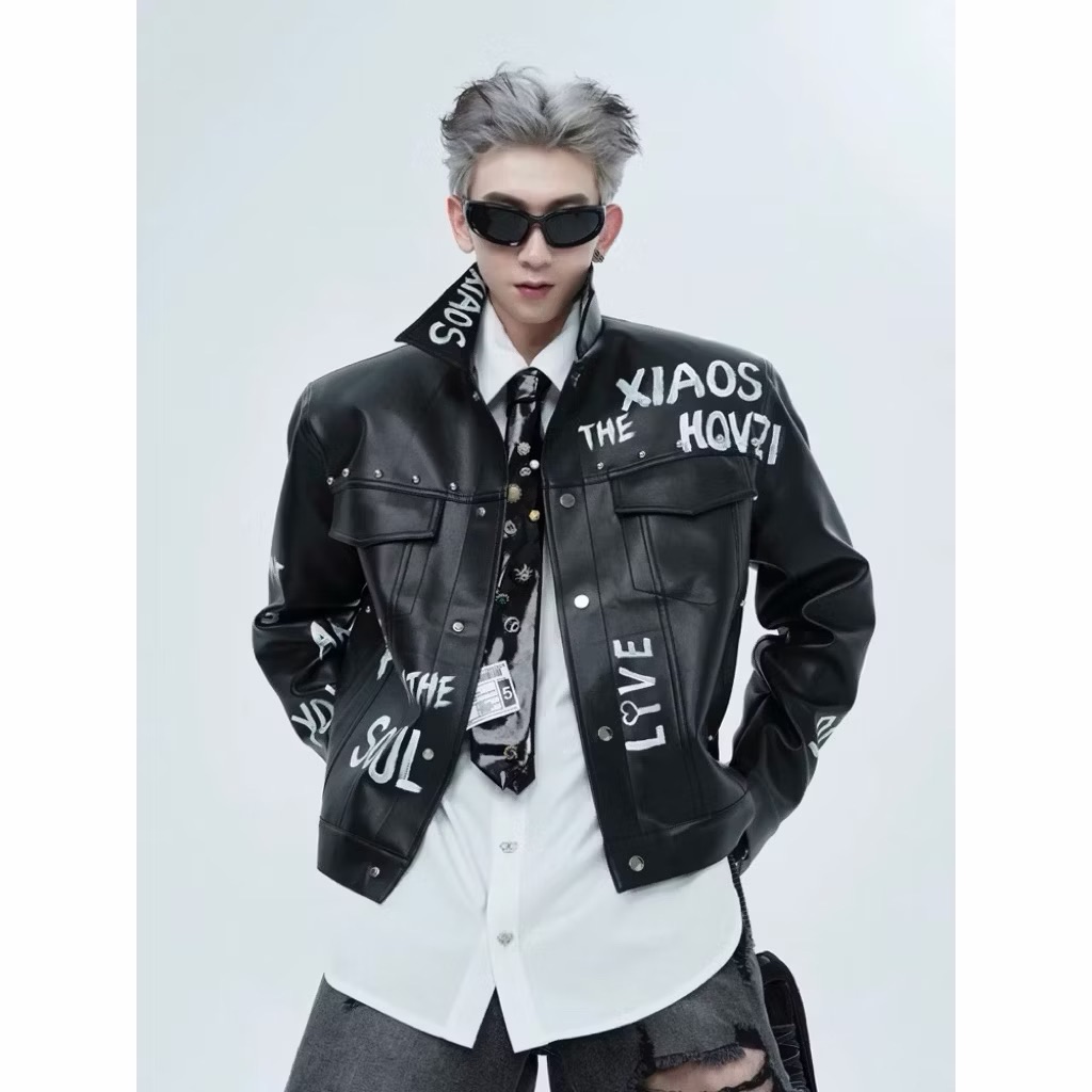 【Eternity】美式龐克風格暗黑字母塗鴉噴漆皮外套 機車風原創街頭龐克嘻哈男士痞帥皮衣外套