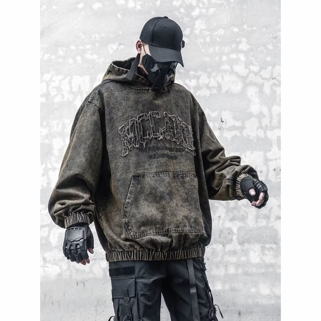 【Eternity】小眾設計復古做舊水洗連帽衛衣 潮牌秋季刷破字母印花高街機能牛仔外套 帽踢