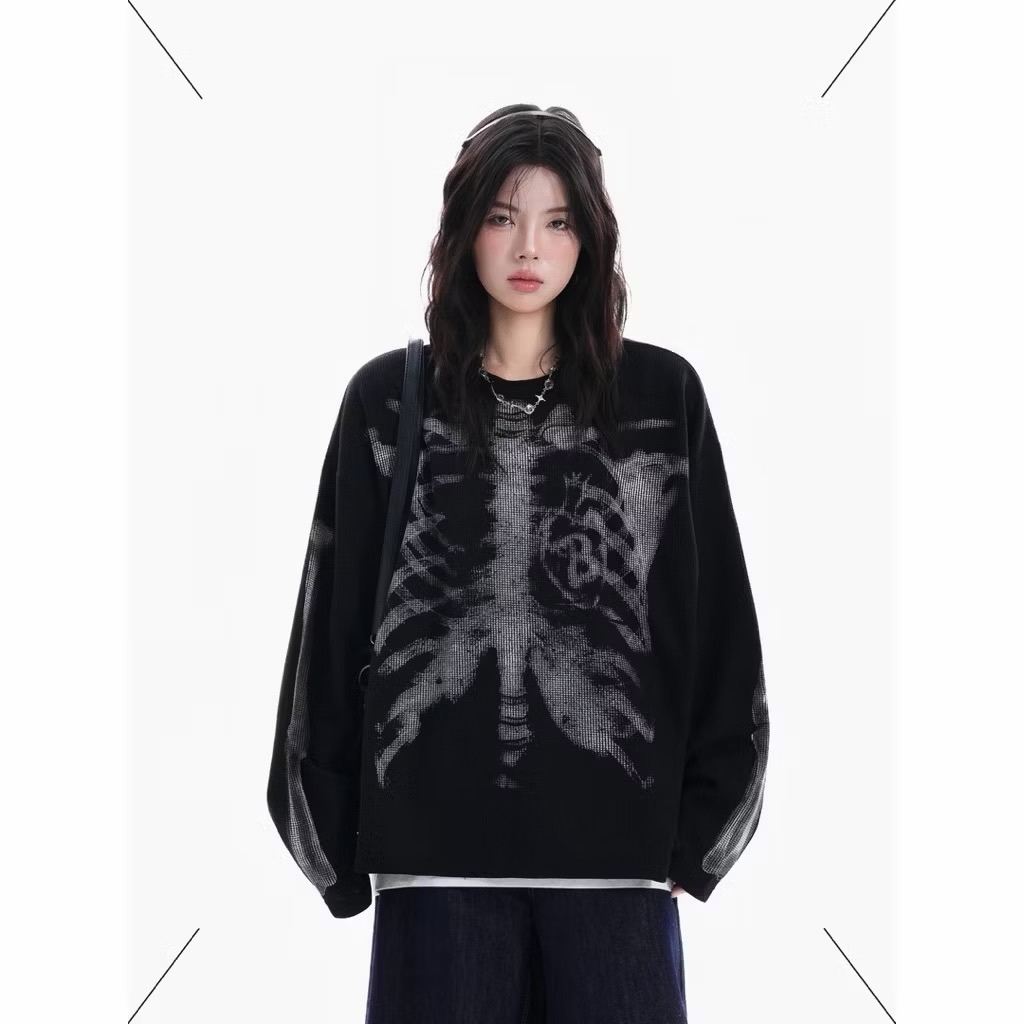 【Eternity】朋克哥德風骷髏骨頭印花幻影長袖T卹 街頭嘻哈潮牌做寬鬆圓領上衣 大學T