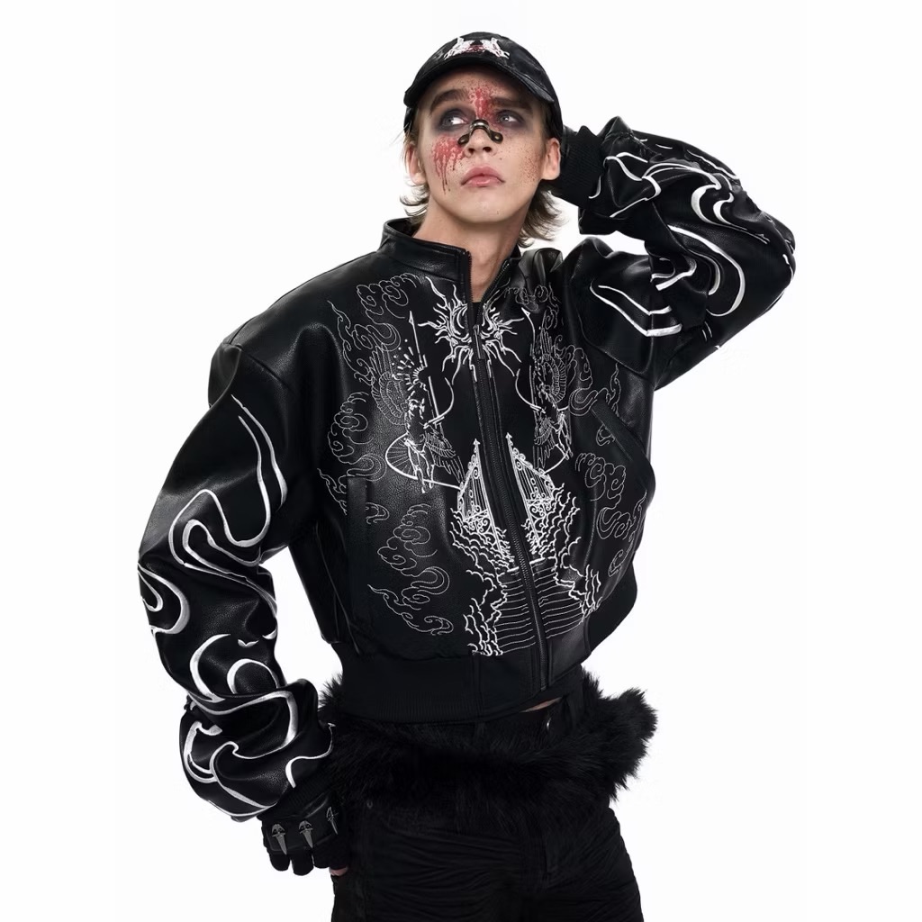 【Eternity】龐克龐克風格設計感後背刺繡短皮衣 秋冬立領圖騰印花亞文化機車服夾克嘻哈外套