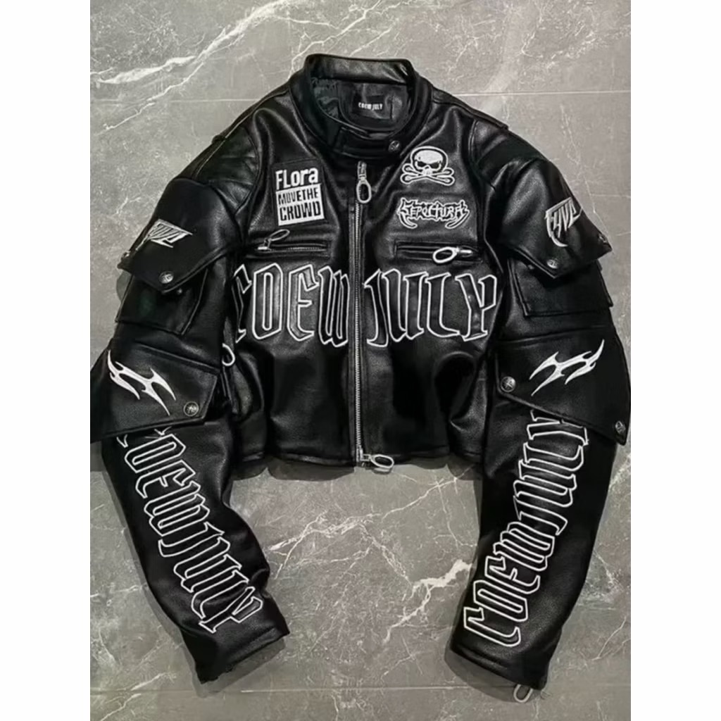 【Eternity】美式龐克酷潮字母刺繡骷髏頭 嘻哈街頭機車服PU皮革衣外套 新款短夾克假兩件設計感多層羽絨外套