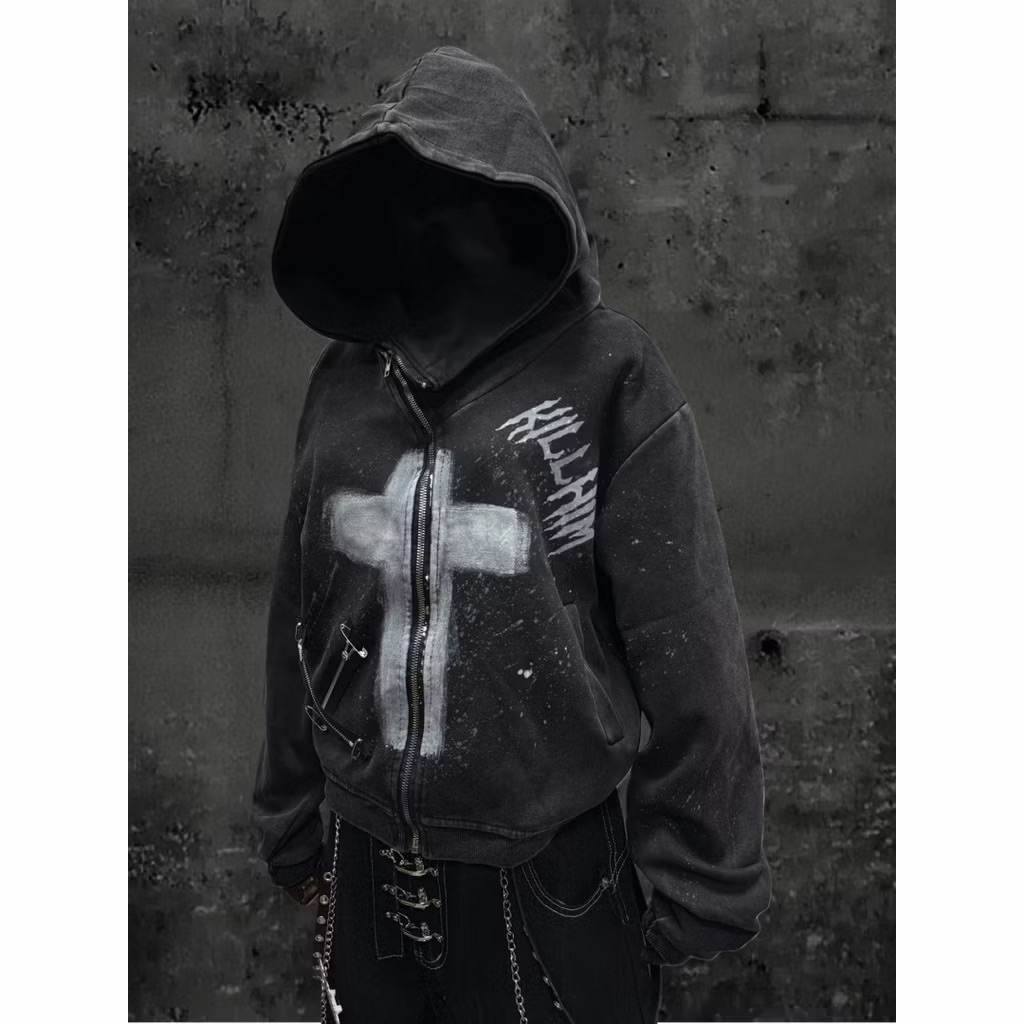 【Eternity】龐克暗黑美式廢土風做舊水洗短連帽開襟棉外套 中性復古手繪十字架噴漆不規則設計感拉鍊外套