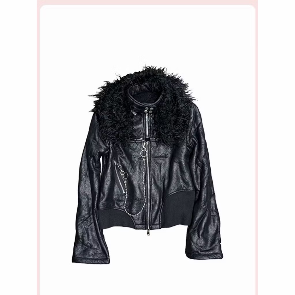 【Eternity】烏鴉十字皮毛一體鏈條刺繡鋁牌可拆式毛領皮衣夾克 秋冬皮革設計感拼接毛邊外套