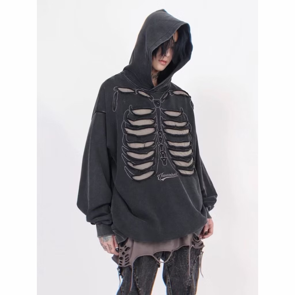 【Eternity】朋克重磅做舊骷髏頭骨架設計感小眾嘻哈街頭連帽帽踢 棉帽T 刷破破洞水洗帽衫