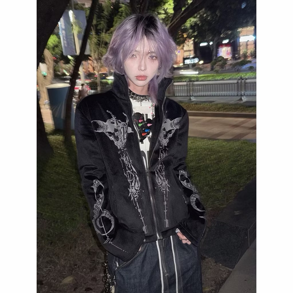 【Eternity】y2k次文化龐克美式絲絨外套 秋冬新款設計感十字架圖騰立領外套修身亞比上衣視覺系外套 上衣