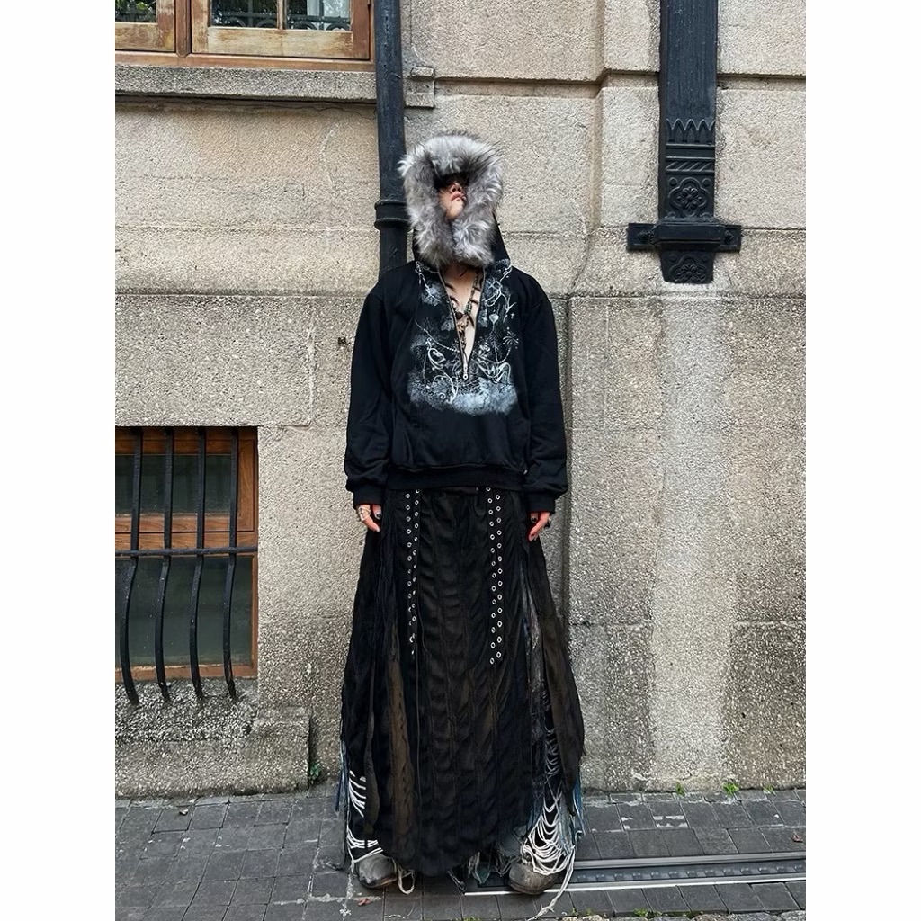 【Eternity】龐克暗黑亞文化日系哥德毛領毛邊連帽棉外套 寬鬆休閒設計感圖騰塗鴉噴漆百搭情侶外套 大學T 棉踢