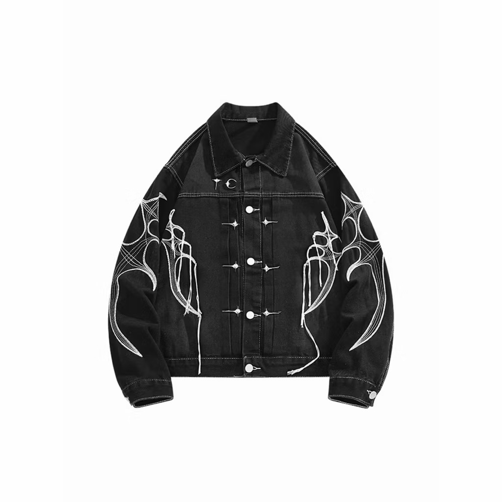 【Eternity】龐克設計感線帛躍美式嘻哈街頭流蘇牛仔外套 重工金屬鉚釘蜘蛛網暗黑做舊大尺碼機車夾克牛仔外套