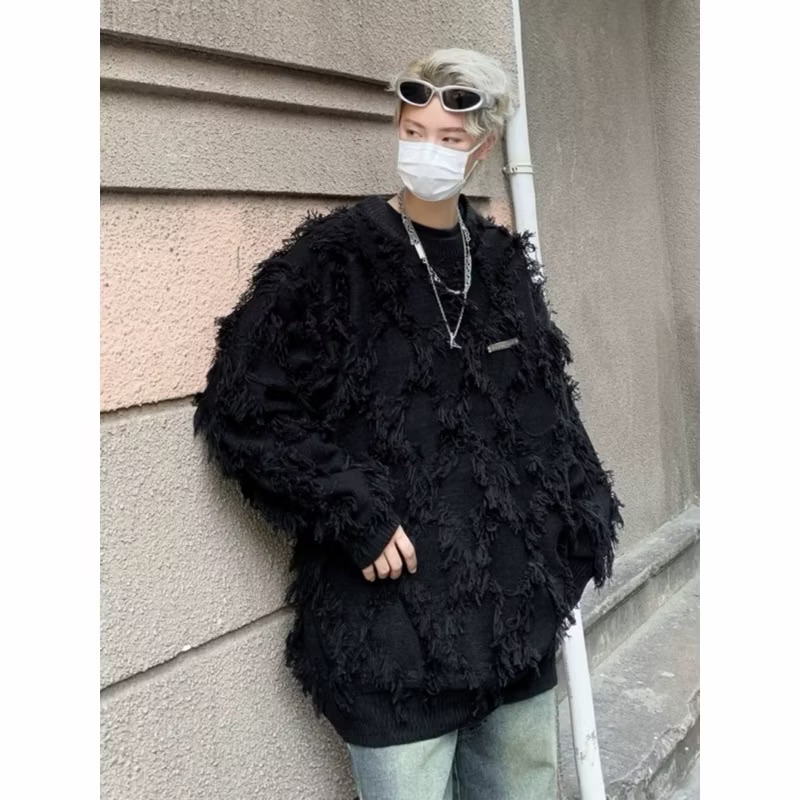 【Eternity】美式菱格潮牌炸街毛衣毛邊oversize潮流寬鬆圓領針織衫韓系街頭慵懶休閒情侶衣服