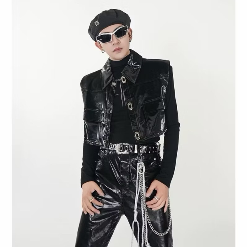 【Eternity】龐克嘻哈高級感暗黑先pu亮面漆皮 皮革無袖墊肩馬甲 金屬短外套背心
