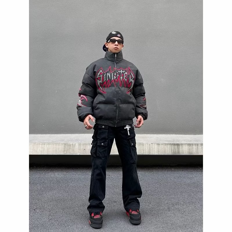 【Eternity】美式噴漆紮染迷彩暈染麵包外套 刺繡加絨短板翻領羽絨外套