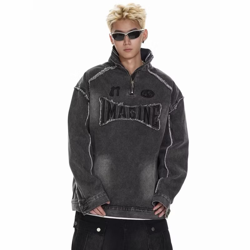 【Eternity】美式潮牌做舊字母連帽牛仔衛衣 美式復古街頭寬鬆情侶外套 情侶衣 毛邊高領翻領上衣