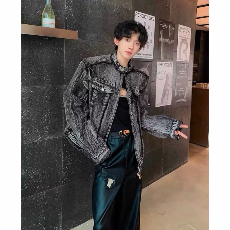 【Eternity】龐克墊肩水洗牛仔外套 高級感痞帥風街頭風 雙釦子美式做舊短版工裝夾克 設計感暗黑紋理夾克