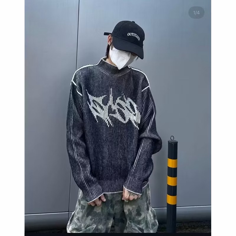 【Eternity】美式嘻哈 水洗雙面穿 哥德風小眾街頭暗黑時尚 紋理做舊水洗不規則字母印花針織重磅立領朋克上衣