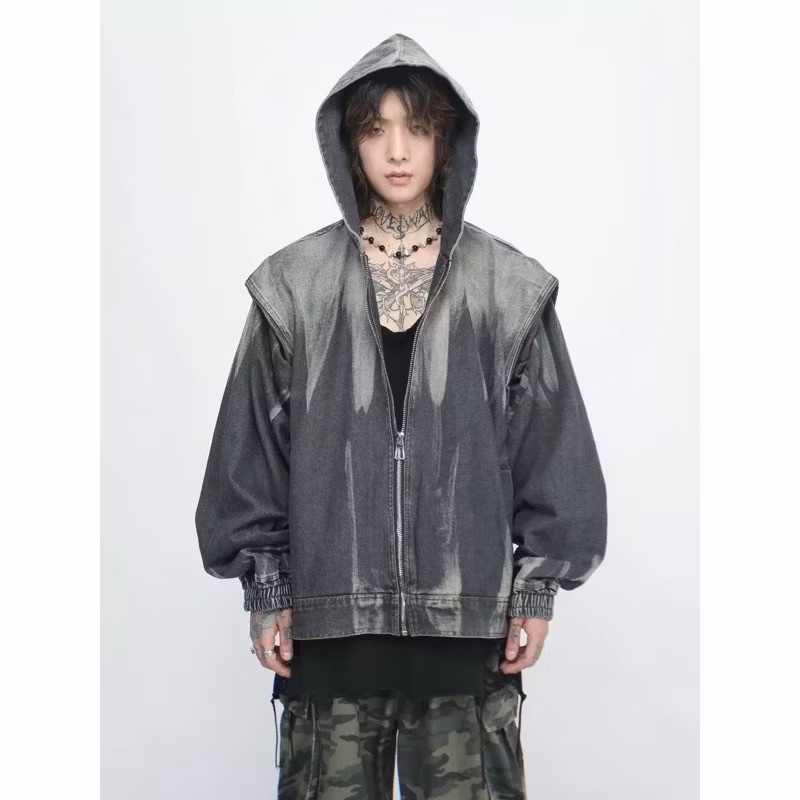 【Eternity】重磅紮染做舊 小眾 水洗拼接假兩件牛仔 拉鍊外套 寬鬆美式復古夾克