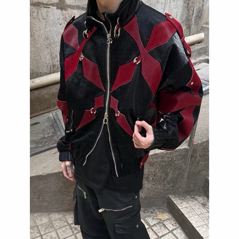 【Eternity】歐美鱷魚紋飛行皮夾克 潮牌設計感PU皮拼接菱格機車服 美式 廢土風 朋克風翻領外套