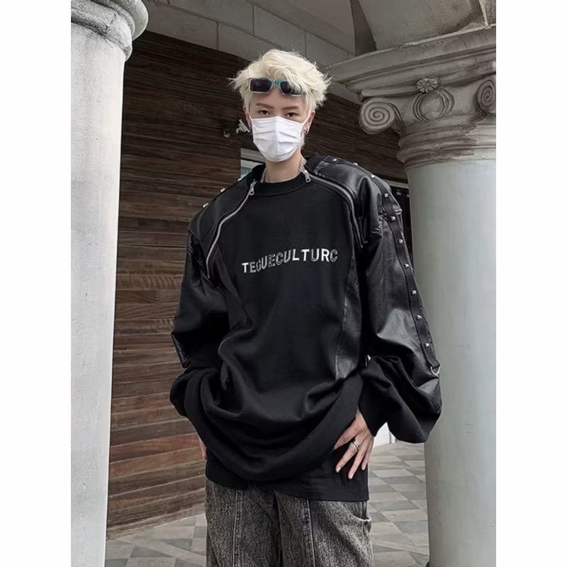 【Eternity】美式高街潮流復古重磅撞色拼色雙拉鍊半拉鍊pu皮革卯釘個性設計款機車拼接黑暗休閒寬鬆上衣衛衣