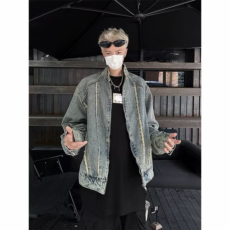 【Eternity】美式復古撞色條紋解構毛邊做舊造型水洗牛仔外套街頭拉鍊立領機車夾克短款流蘇