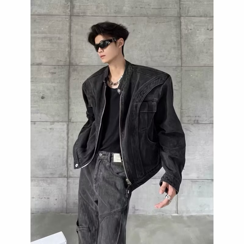 【Eternity】美式復古水洗做舊街頭刷色拼接解構小眾設計感重磅拉鍊夾克 金屬口袋工裝線條牛仔外套