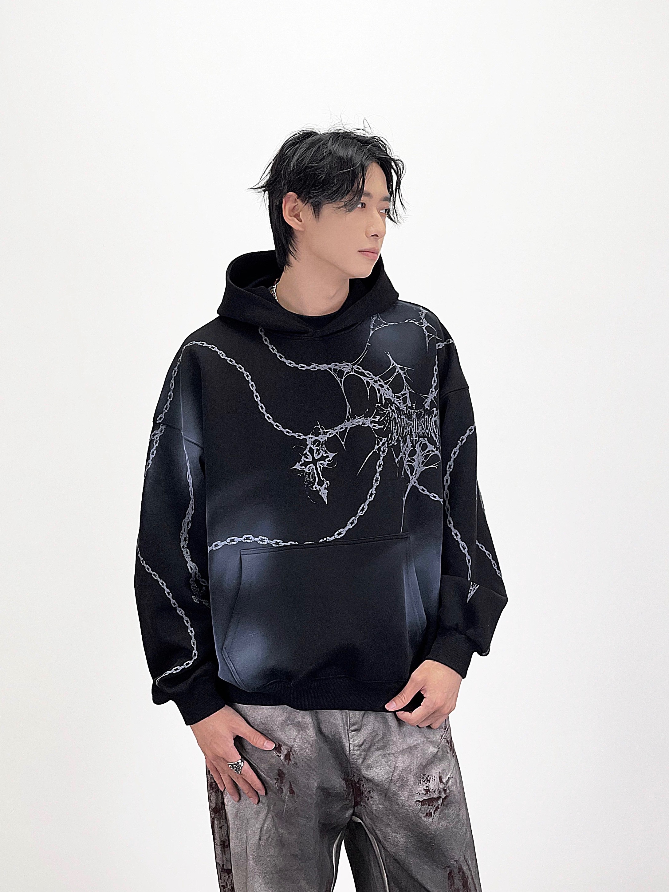 龐克暗黑次文化十字架鎖鍊印花紮染 噴漆 渲染連帽衛衣情侶帽T街頭亞比帽衫