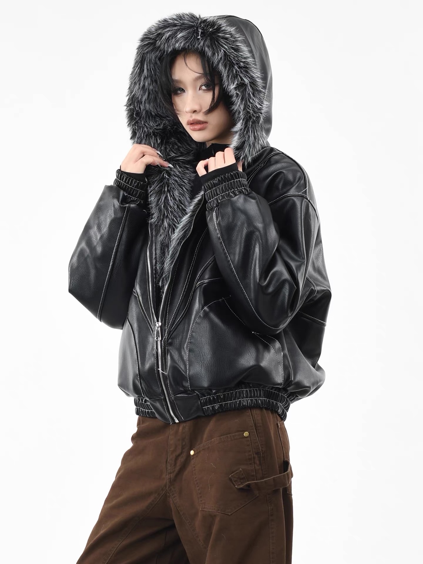 美式朋克鉚釘克羅心十字架鈕扣 設計感座山雕PU皮革棉服 寬鬆保暖連帽外套