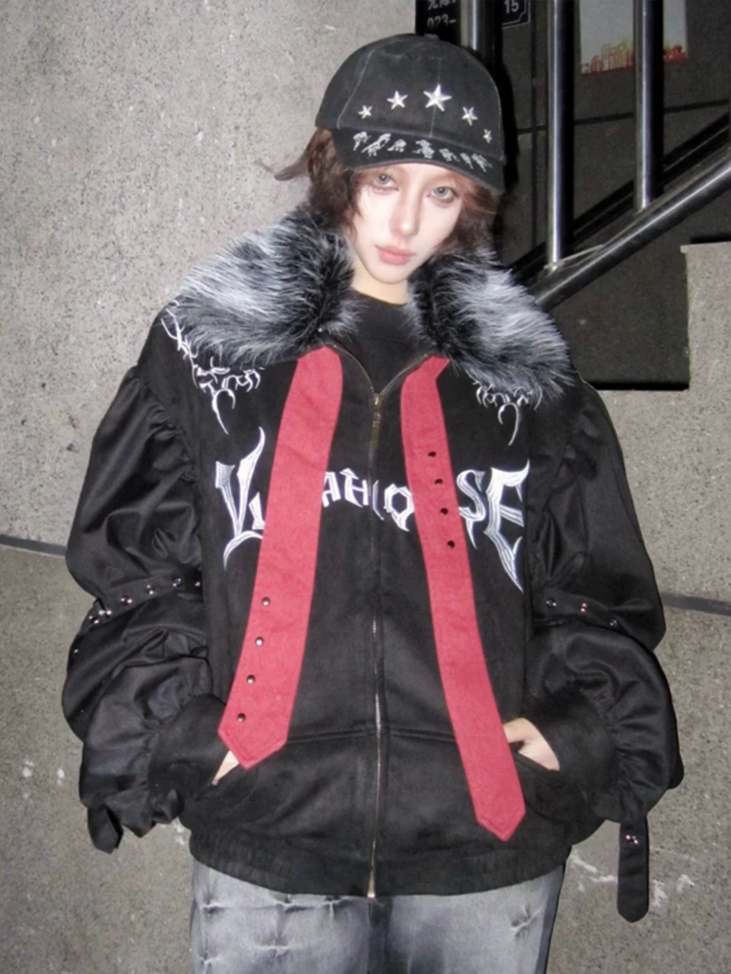 朋克y2k次文化毛領棉外套冬季刺繡領帶鉚釘加厚夾棉棒球服夾克