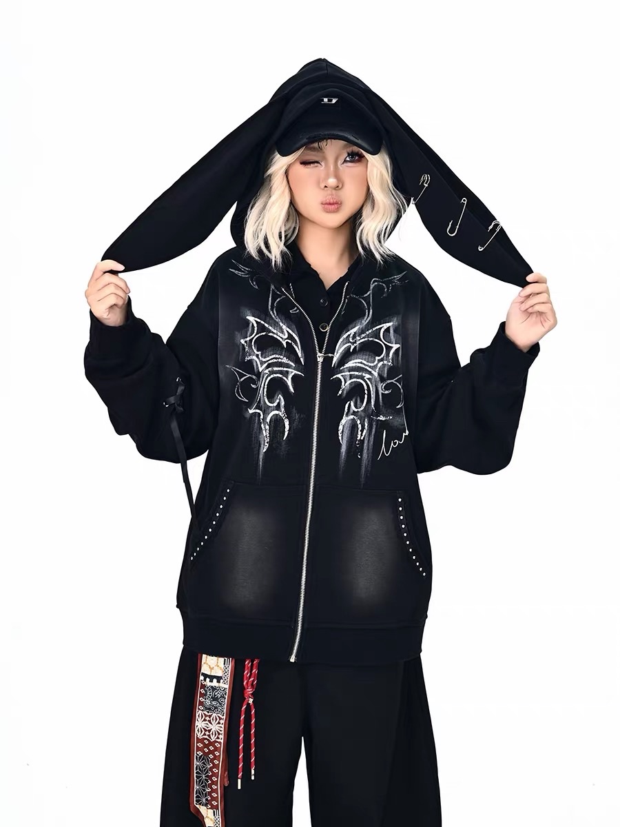 龐克暗黑渲染 次文化復古印花兔子耳朵回紋針 鉚釘連帽棉外套 慵懶風寬鬆做舊綁帶設計感外套