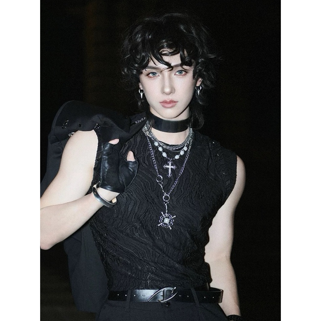 【Eternity】龐克風格 美式黑暗小眾不規則紋理 解構背心 街頭嘻哈風無袖T卹 高級感金屬墊肩無袖上衣