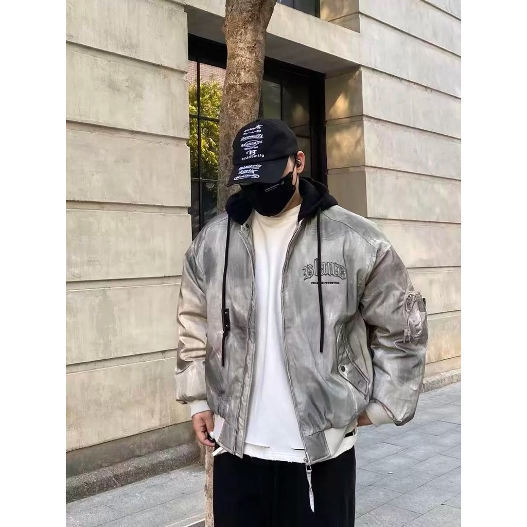 【Eternity】龐克嘻哈街頭重磅刺繡設計塗鴉噴漆棒球外套 韓版寬鬆連帽夾克外套水洗做舊假兩件