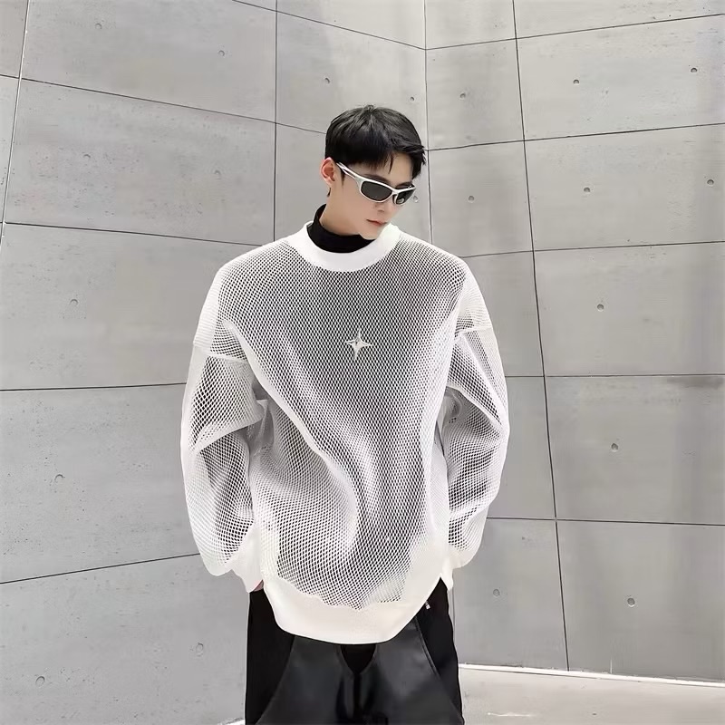 【Eternity】美式高級感暗黑潮流鏤空網紗透視衛衣男高街嘻哈圓領T卹韓版休閒寬鬆上衣