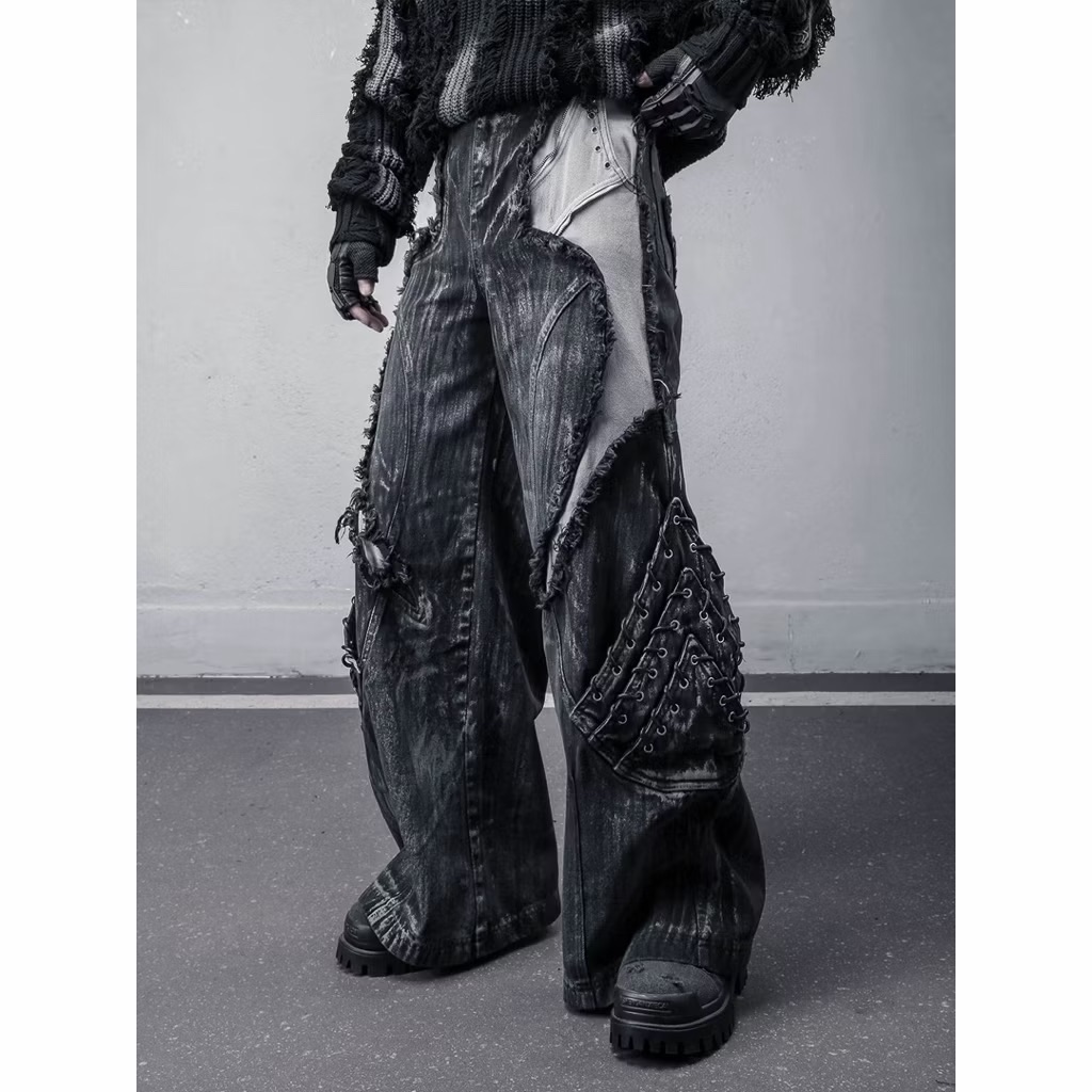 【Eternity】龐克沙丘廢土風美式暗黑街頭嘻哈重工做舊拼接不規則釘子鉚釘牛仔褲 解構扣環設計感闊腿褲 寬褲