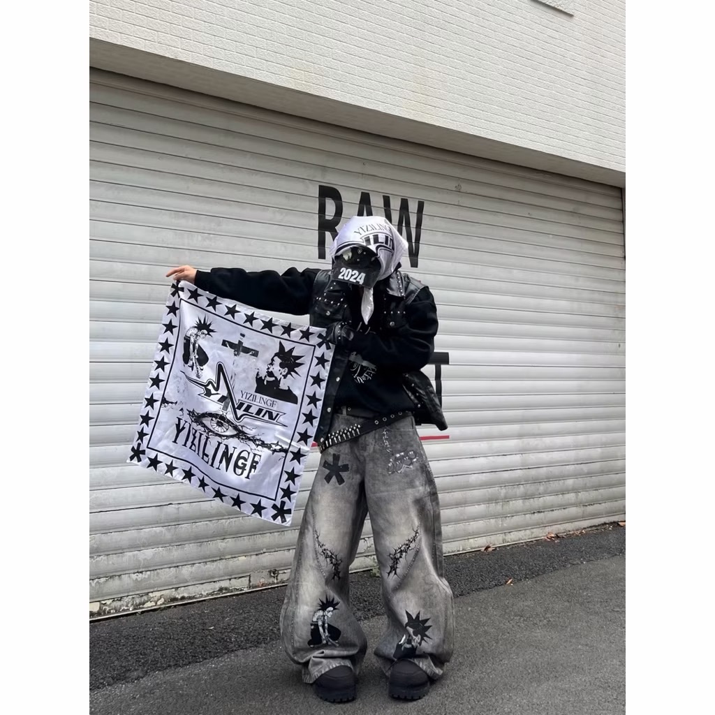 【Eternity】龐克水洗塗鴉印花噴漆 小眾髒染3D設計紋理長褲 個性彎刀褲 牛仔寬褲