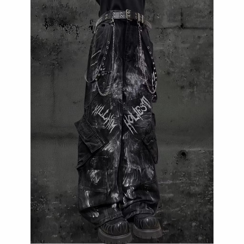 【Eternity】龐克暗黑風 次文化廢土風水洗皺褶微喇牛仔褲 多口袋英文印花噴漆紮染嘻哈復古做舊寬鬆闊腿長褲