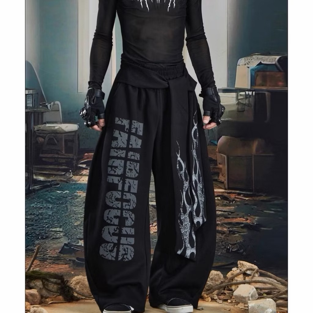【Eternity】龐克美式火焰飄帶綁帶英文圖騰印花y2k 設計感街頭嘻哈跳舞彎刀休閒褲 棉褲 寬鬆長褲