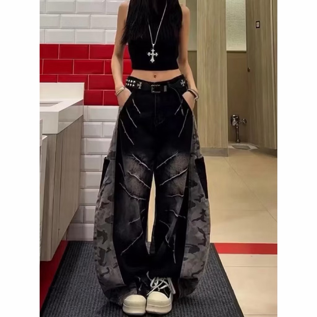 【Eternity】美國龐克復古閃電迷彩拼接彎刀褲 多口袋水洗做舊紋路線條印花寬腿寬鬆褲子 寬腿褲