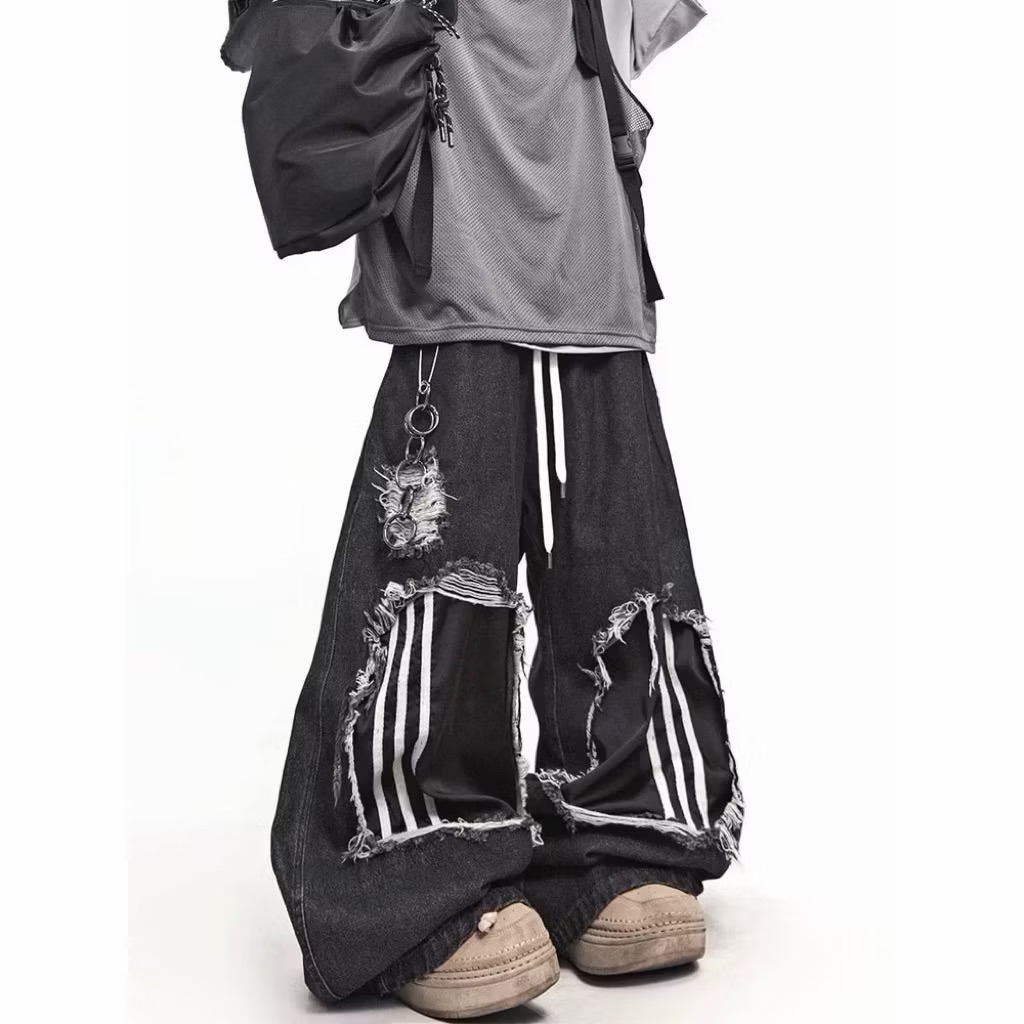 【Eternity】美式嘻哈潮牌復古破洞拼接假兩件條紋寬腿直筒牛仔褲 寬鬆刷破挖洞彎刀褲 設計感休閒拖地長褲
