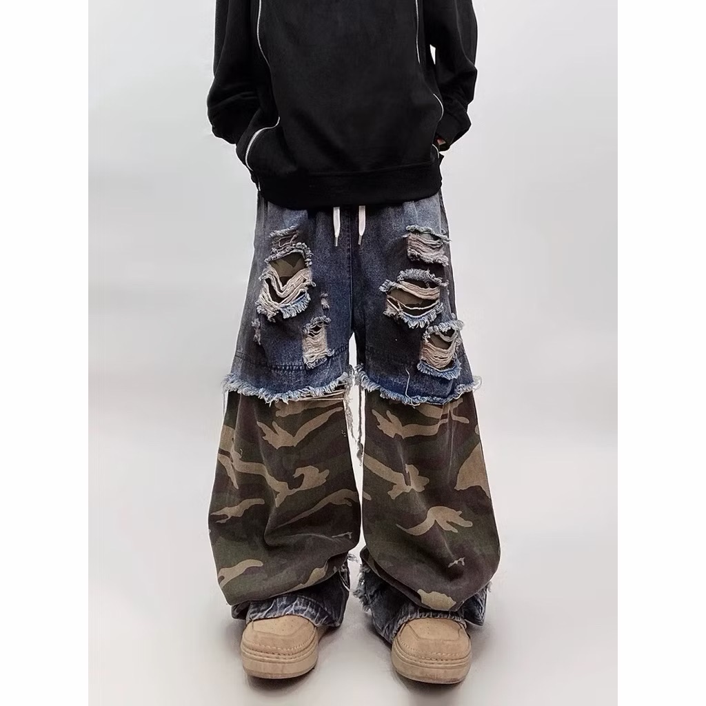 【Eternity】美式龐克嘻哈復古做舊迷彩牛仔褲 街頭嘻哈寬鬆破洞彎刀褲 寬腿拼接刷破毛邊拖地長褲