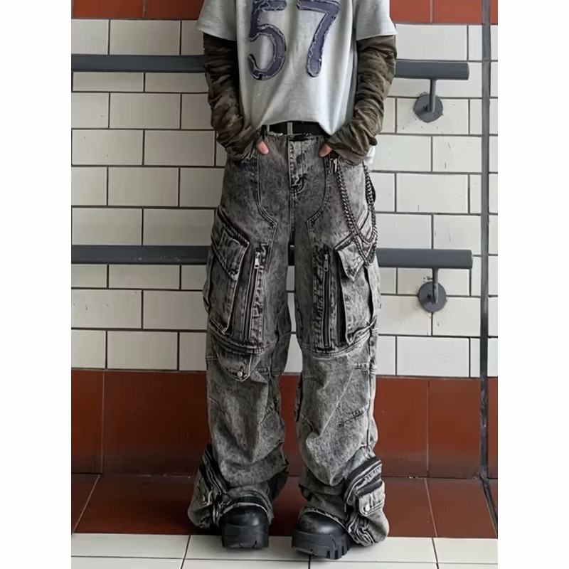 【Eternity】龐克嘻哈美式 做舊多口袋牛仔褲 重磅設計感水洗刷白直筒寬鬆闊腿工裝褲