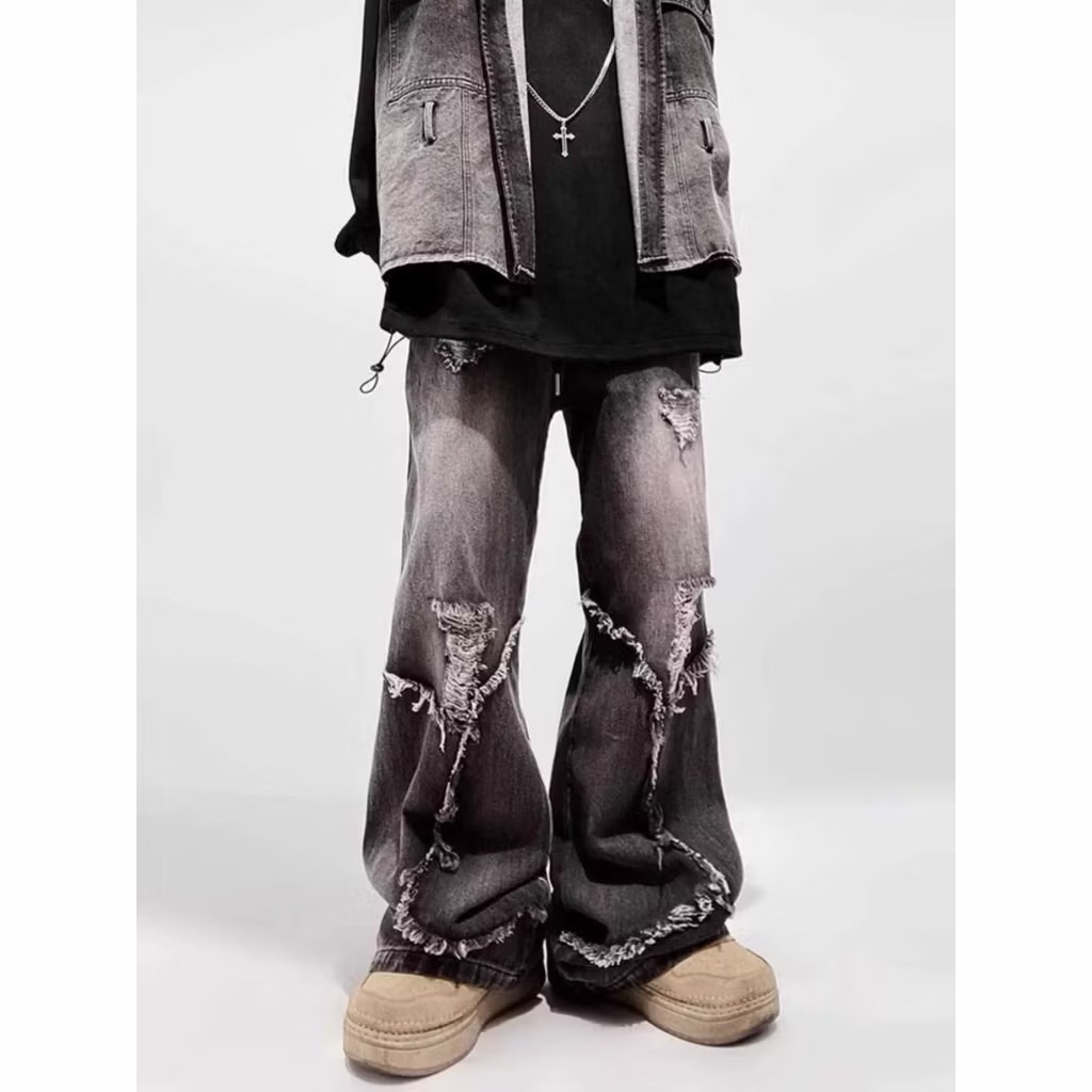 【Eternity】嘻哈潮牌破洞做舊寬鬆牛仔褲 美式高街結構街頭寬鬆復古喇叭長褲 寬褲