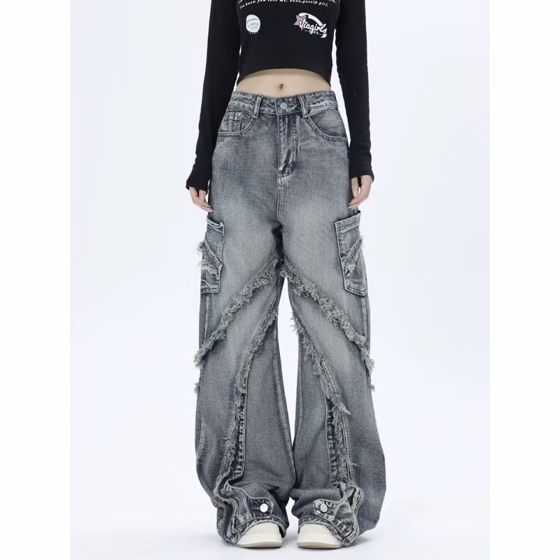 【Eternity】 hiphop牛仔褲男女美式高街街頭水洗拼接毛邊設計小眾做舊寬鬆直筒長褲