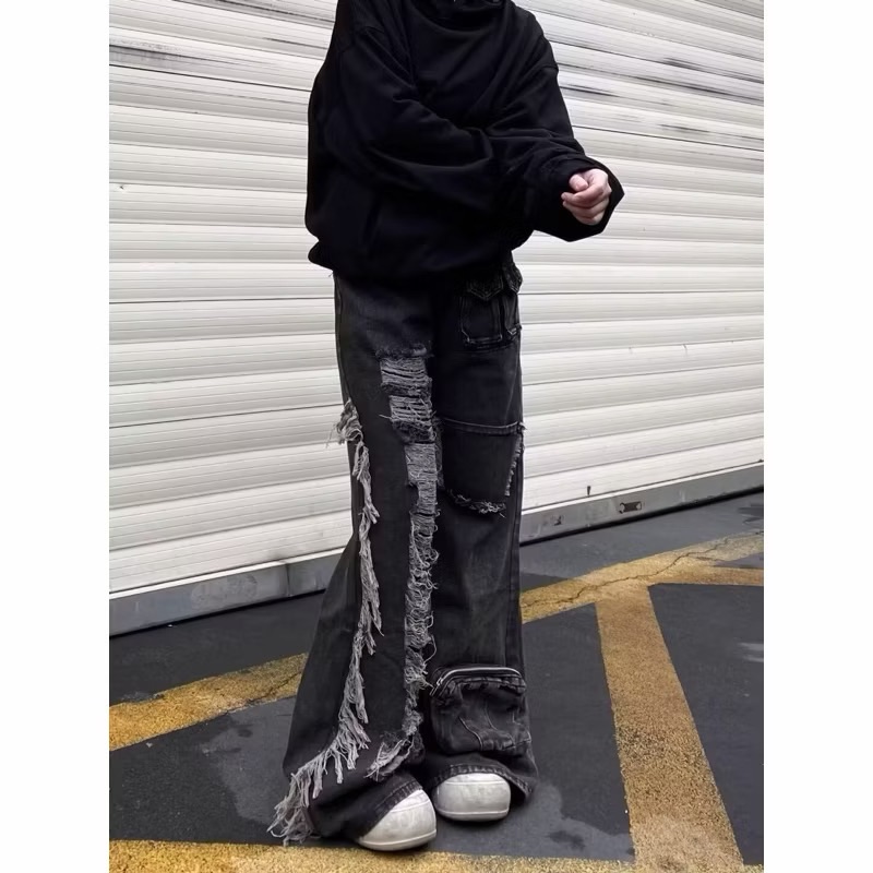 【Eternity】美式高街黑色重工破洞毛邊工裝牛仔褲y2k雅痞復古水洗做舊多口袋高腰寬鬆闊腿拖地直筒褲