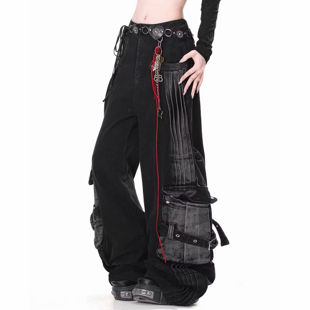 【Eternity】美式設計感條紋 復古街頭黑色水洗多口袋工裝牛仔褲 朋克 皮帶寬鬆闊腿拖地褲