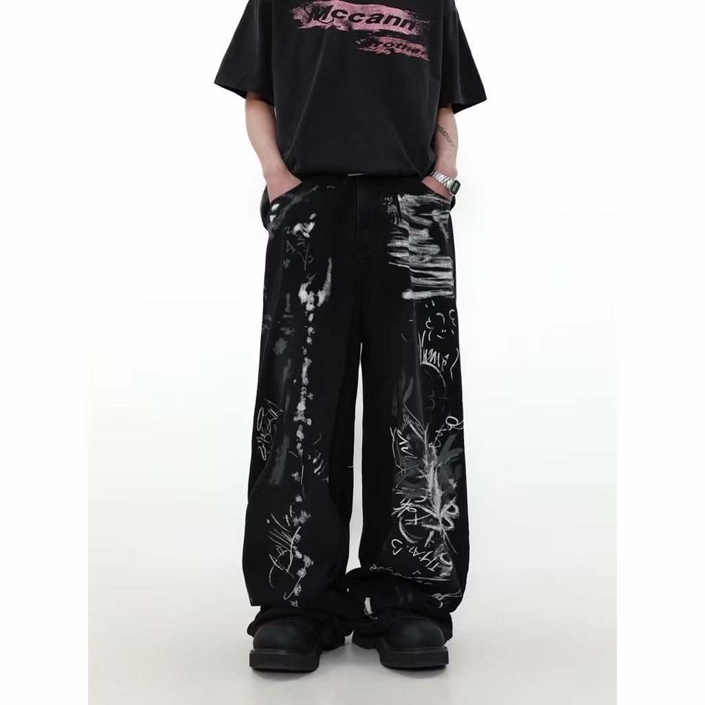 【Eternity】龐克風格嘻哈街頭 小眾設計感塗鴉美式噴漆牛仔褲 直筒闊腿褲寬鬆褲子 寬褲 彎刀褲