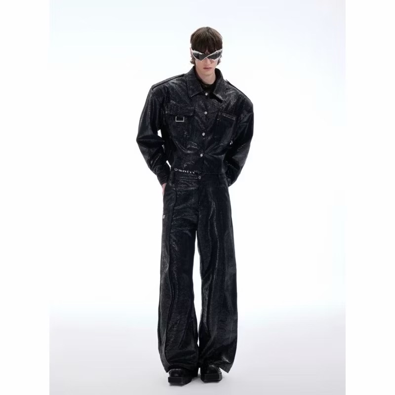 【Eternity】蛇皮重磅金屬龐克風 連結不規則麂皮直筒褲寬褲 簡約肌理感闊腿長褲