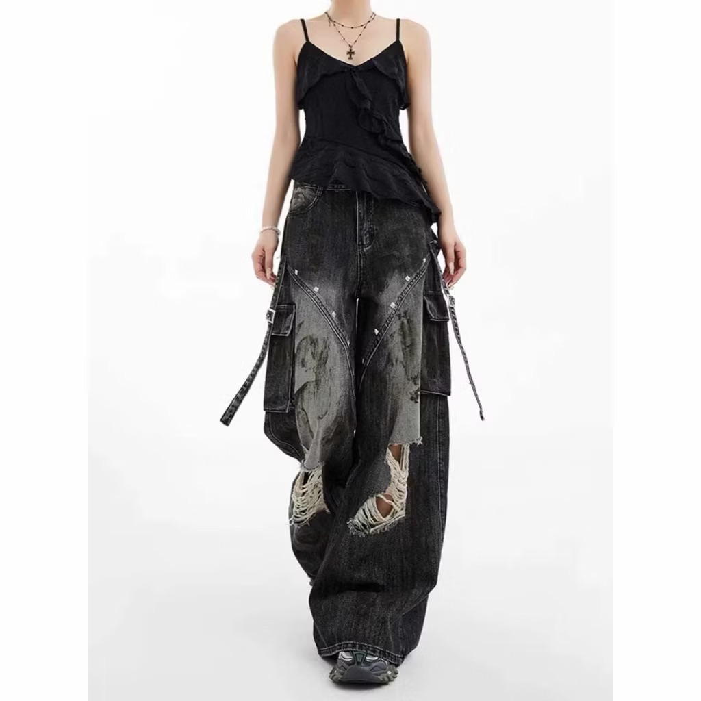 【Eternity】美式嘻哈街頭水洗黑灰破洞工人牛仔褲 鉚釘設計感不規則紮染塗鴉多口袋直筒 吊帶寬褲 寬褲